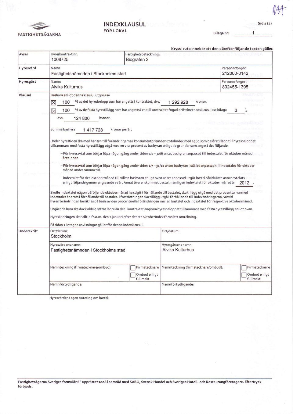 100 % avdefasta hyrestillsgg som harangettsien tillkontraktetfoqad driftrkostnadsklausul(sebilaqa 3 ), dvs. 124 8OO kronor. summa bashyra 1 417 728 kronor per6r.