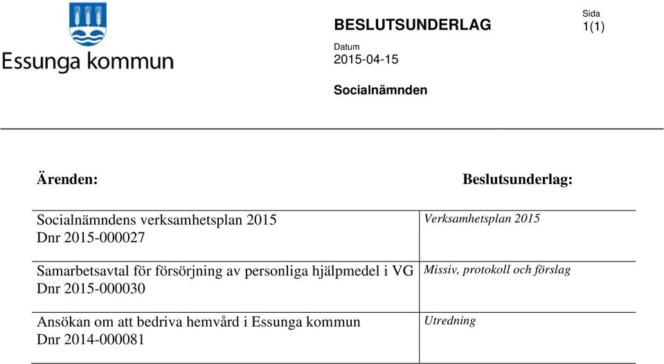 hjälpmedel i VG Dnr 2015-000030 Ansökan om att bedriva hemvård i Essunga kommun Dnr