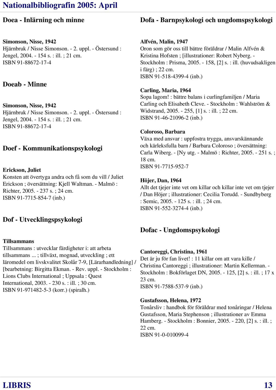 ISBN 91-88672-17-4 Doef - Kommunikationspsykologi Erickson, Juliet Konsten att övertyga andra och få som du vill / Juliet Erickson ; översättning: Kjell Waltman. - Malmö : Richter, 2005. - 237 s.