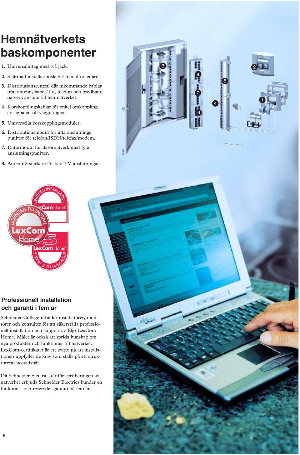 3 8 7 6 4 5 2 1 5. Universella korskopplingsmoduler. 6. Distributionsmodul för åtta anslutnings punkter för telefon/isdn/telefax/modem. 7. Datormodul för datornätverk med fyra anslutningspunkter.