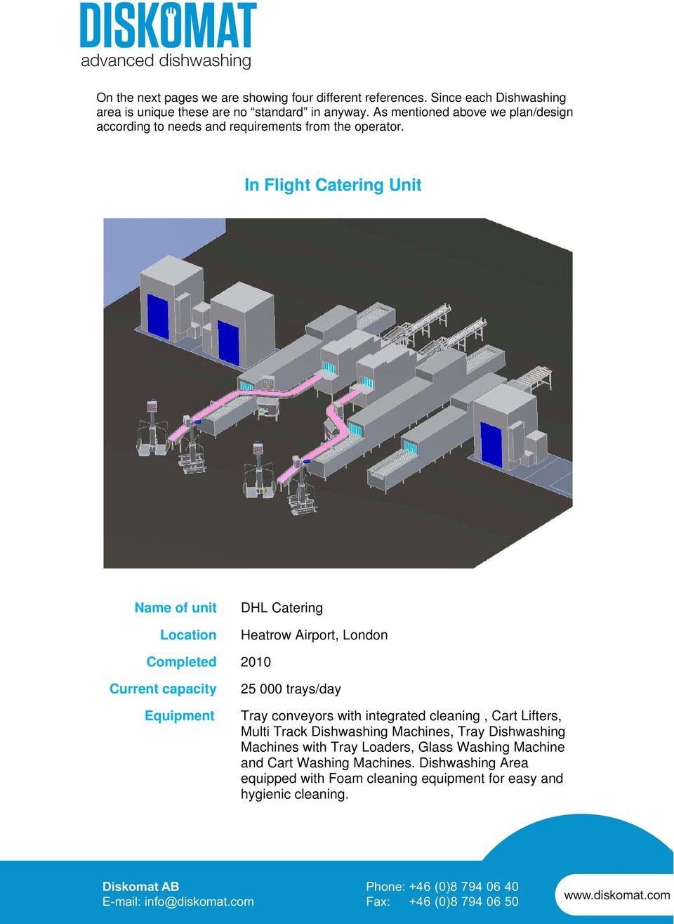 In Flight Catering Unit Name of unit Location DHL Catering Heatrow Airport, Completed 2010 Current capacity Equipment 25 000 trays/day Tray conveyors with