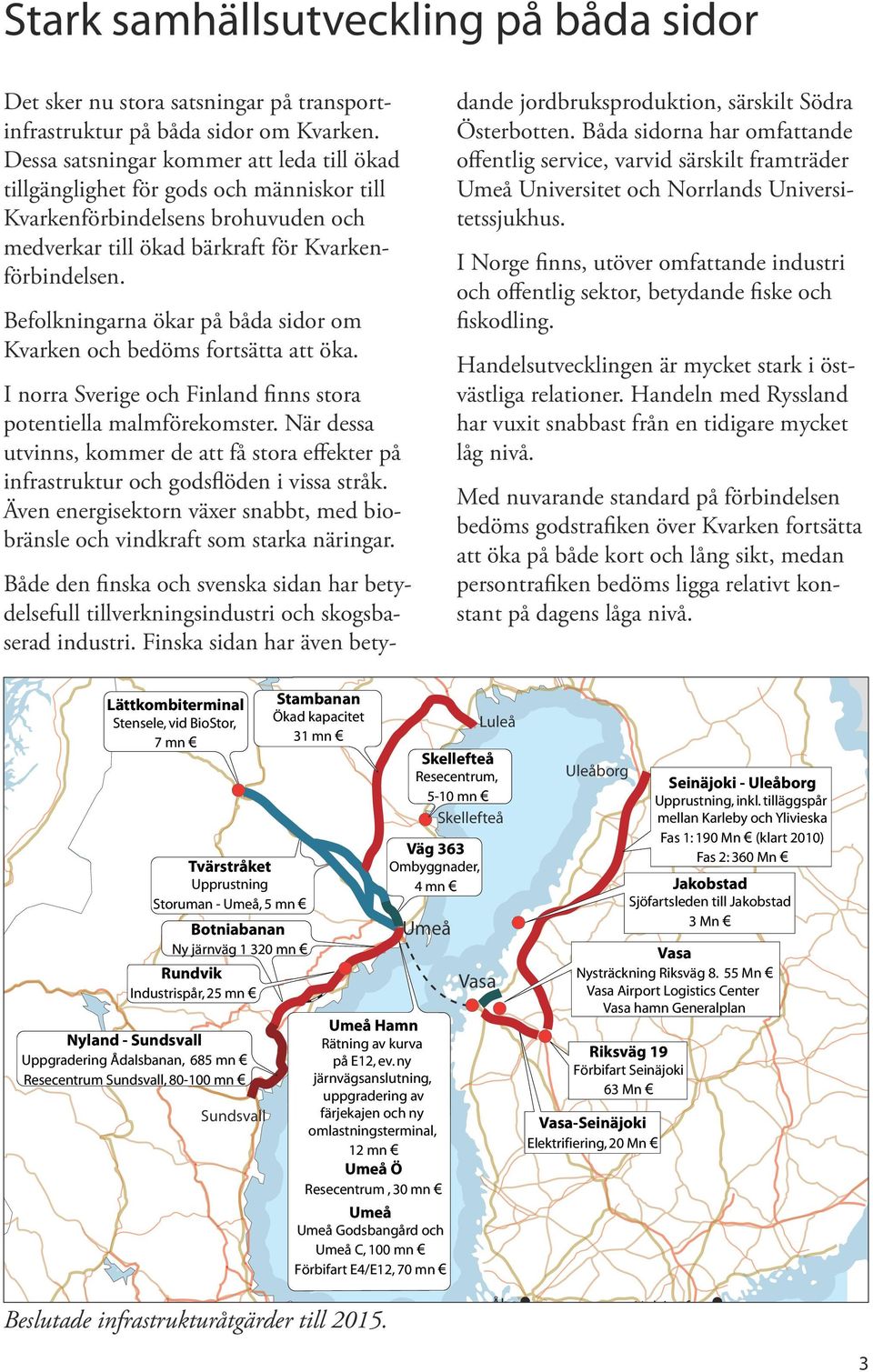 Befolkningarna ökar på båda sidor om Kvarken och bedöms fortsätta att öka. I norra Sverige och Finland finns stora Narvik potentiella malmförekomster.