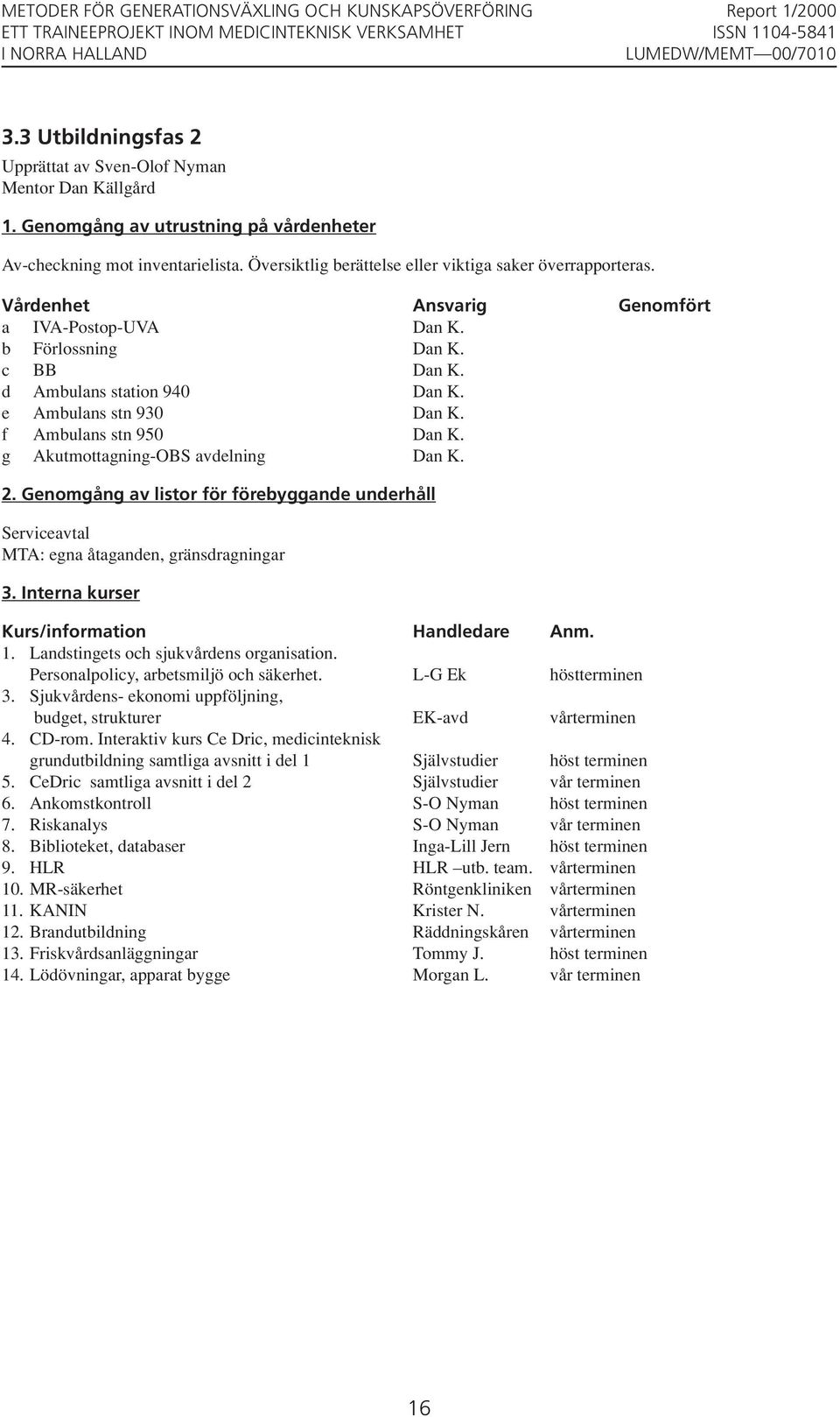 e Ambulans stn 930 Dan K. f Ambulans stn 950 Dan K. g Akutmottagning-OBS avdelning Dan K. 2. Genomgång av listor för förebyggande underhåll Serviceavtal MTA: egna åtaganden, gränsdragningar 3.