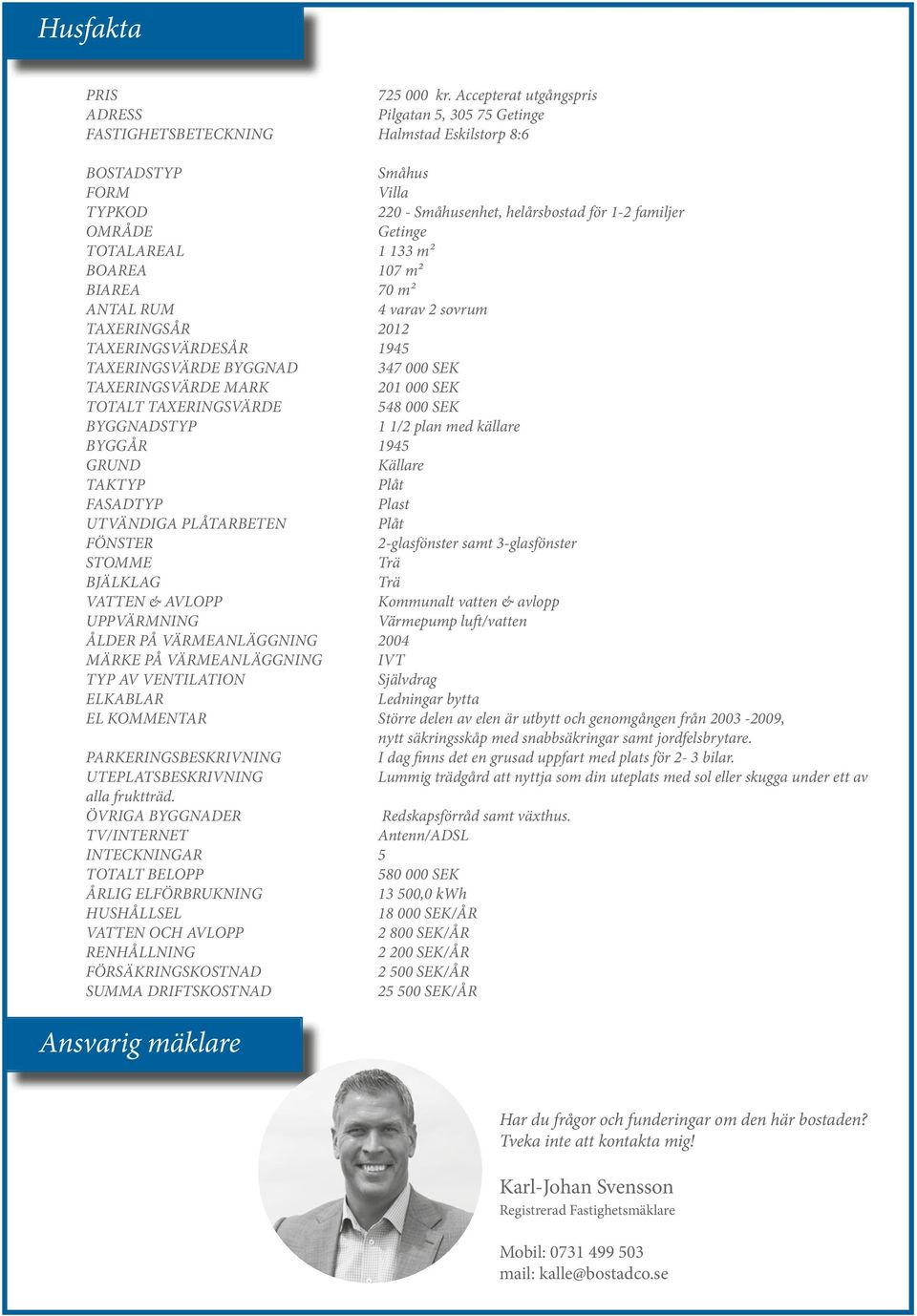 Getinge TOTALAREAL 1 133 m² BOAREA 107 m² BIAREA 70 m² ANTAL RUM 4 varav 2 sovrum TAXERINGSÅR 2012 TAXERINGSVÄRDESÅR 1945 TAXERINGSVÄRDE BYGGNAD 347 000 SEK TAXERINGSVÄRDE MARK 201 000 SEK TOTALT