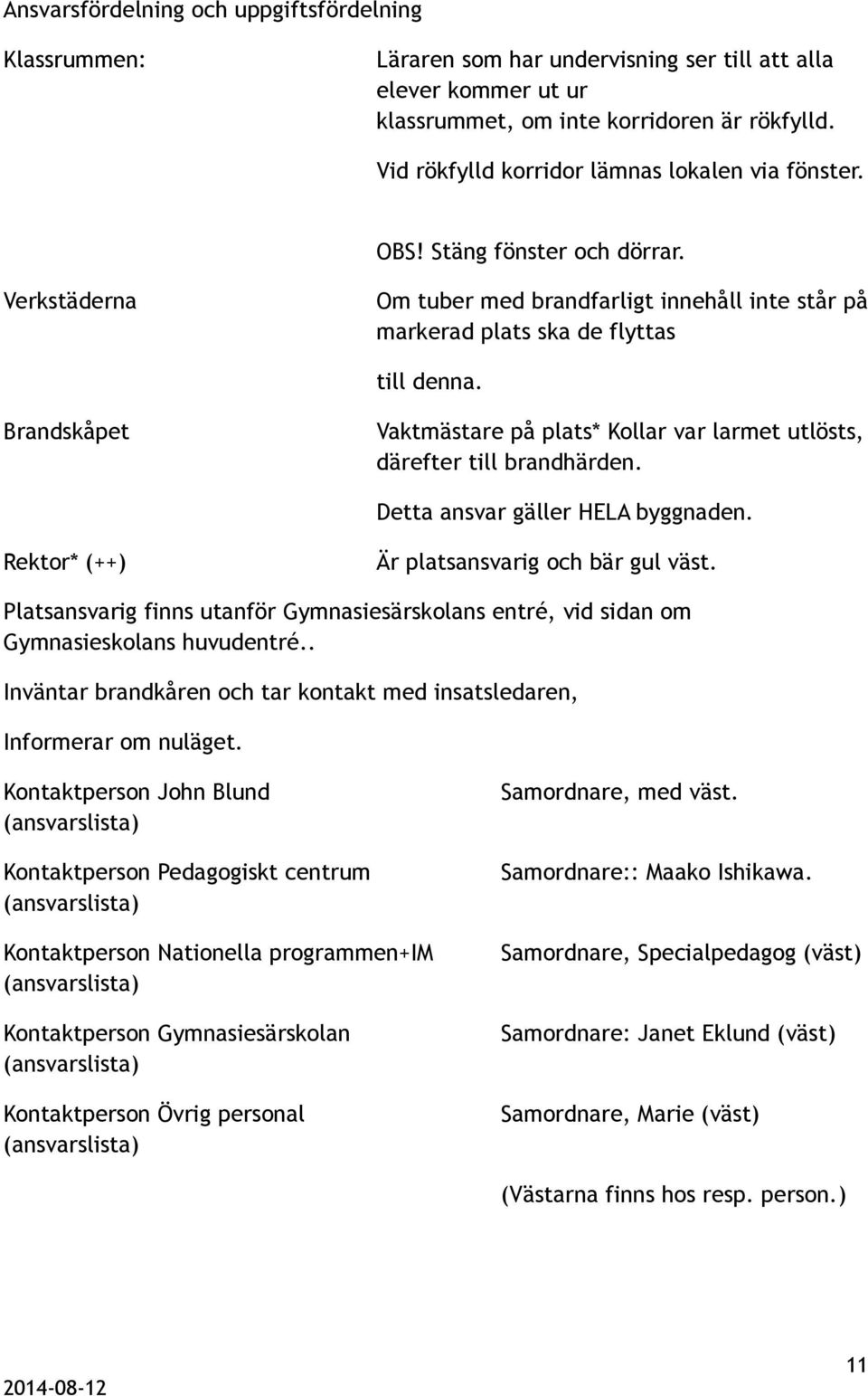 Brandskåpet Vaktmästare på plats* Kollar var larmet utlösts, därefter till brandhärden. Detta ansvar gäller HELA byggnaden. Rektor* (++) Är platsansvarig och bär gul väst.