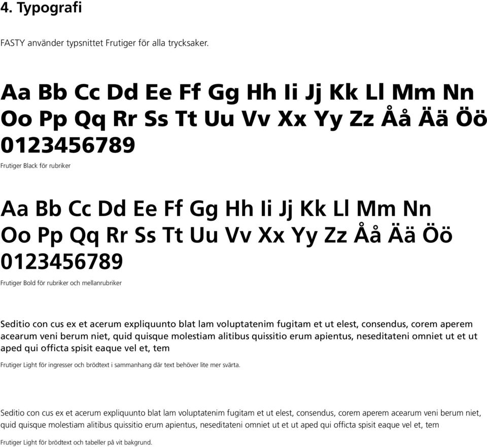 Åå Ää Öö 0123456789 Frutiger Bold för rubriker och mellanrubriker Seditio con cus ex et acerum expliquunto blat lam voluptatenim fugitam et ut elest, consendus, corem aperem acearum veni berum niet,