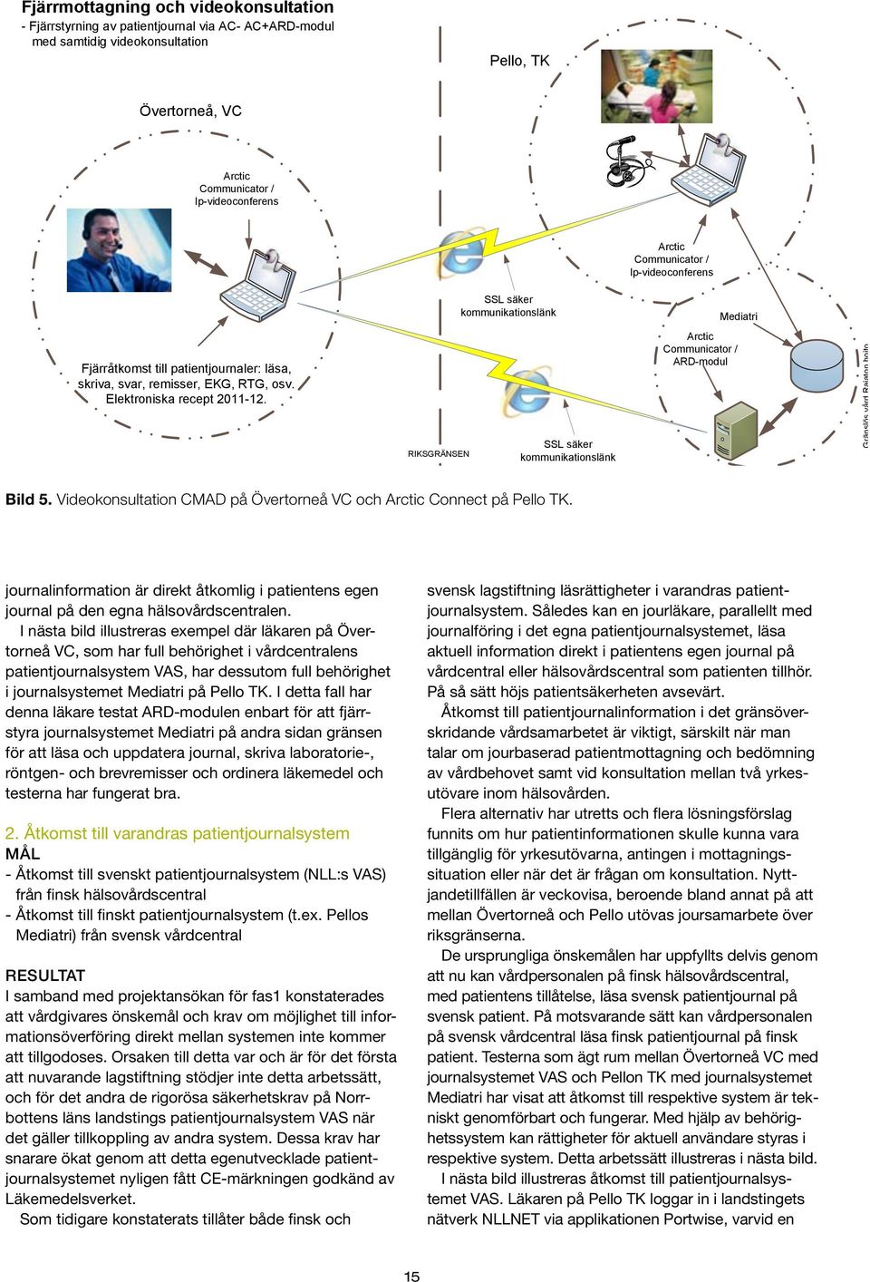 RIKSGRÄNSEN SSL säker kommunikationslänk Arctic Communicator / ARD-modul Gränslös vård Rajaton hoito Bild 5. Videokonsultation CMAD på Övertorneå VC och Arctic Connect på Pello TK.