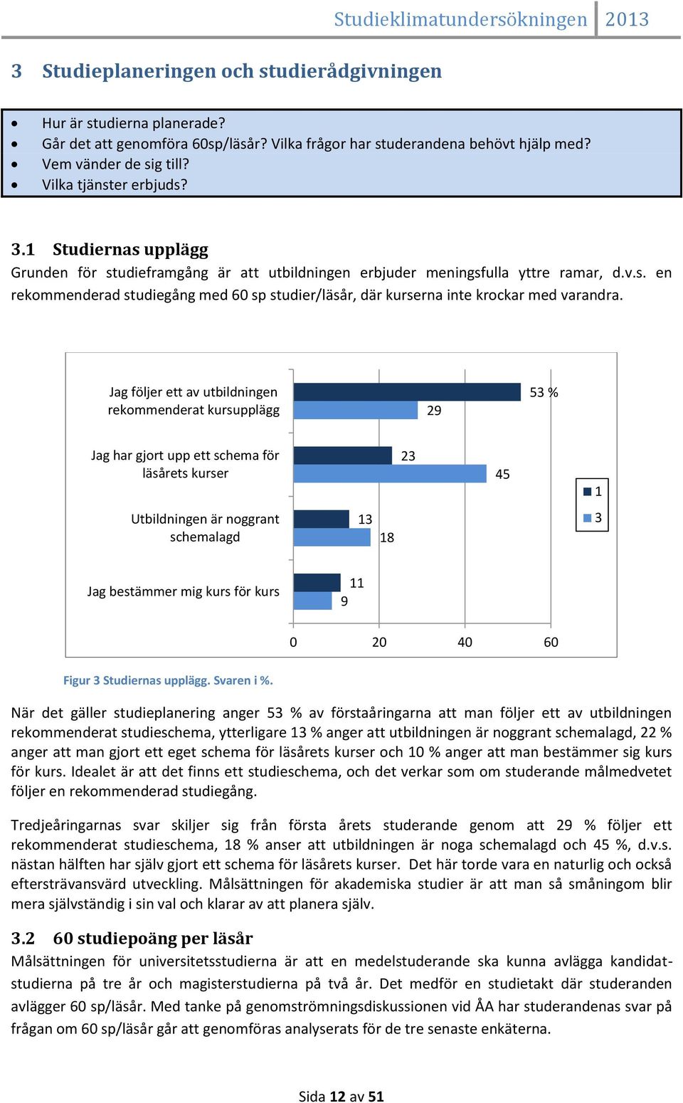 Jag följer ett av utbildningen rekommenderat kursupplägg 29 53 % Jag har gjort upp ett schema för läsårets kurser 23 45 1 Utbildningen är noggrant schemalagd 13 18 3 Jag bestämmer mig kurs för kurs