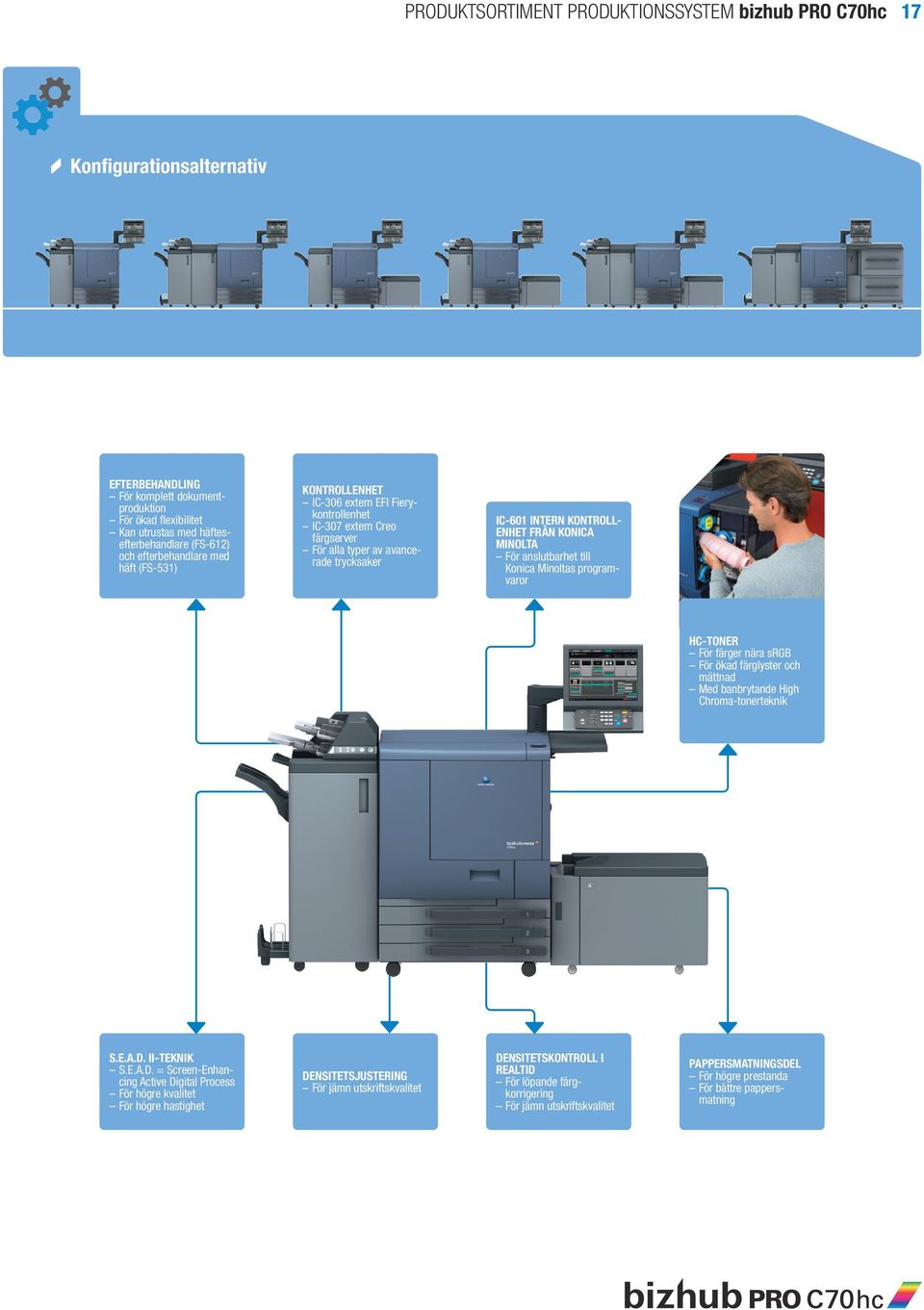 KONICA MINOLTA För anslutbarhet till Konica Minoltas programvaror HC-TONER För färger nära srgb För ökad färglyster och mättnad Med banbrytande High Chroma-tonerteknik S.E.A.D.