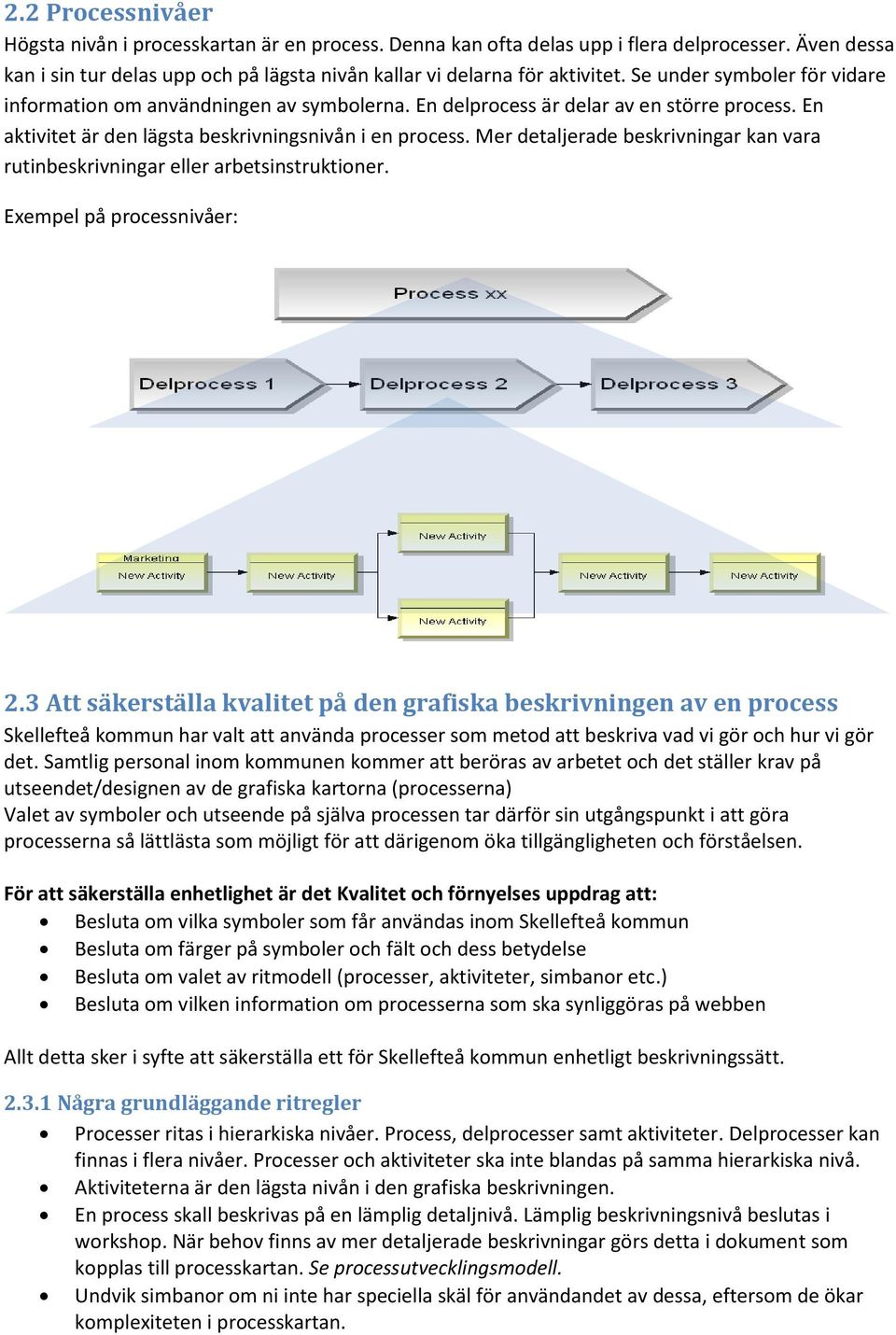 Mer detaljerade beskrivningar kan vara rutinbeskrivningar eller arbetsinstruktioner. Exempel på processnivåer: 2.