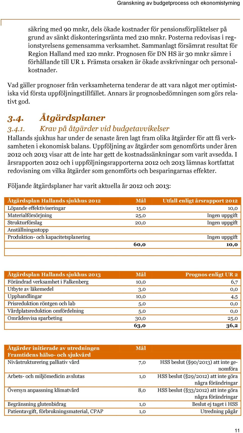 Vad gäller prognoser från verksamheterna tenderar de att vara något mer optimistiska vid första uppföljningstillfället. Annars är prognosbedömningen som görs relativt god. 3.4. Åtgärdsplaner 3.4.1.