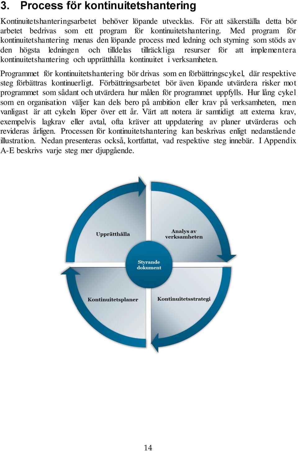 kontinuitetshantering och upprätthålla kontinuitet i verksamheten. Programmet för kontinuitetshantering bör drivas som en förbättringscykel, där respektive steg förbättras kontinuerligt.