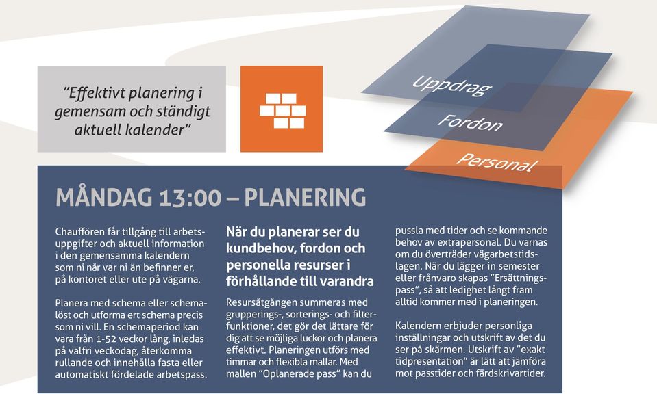 En schemaperiod kan vara från 1-52 veckor lång, inledas på valfri veckodag, återkomma rullande och innehålla fasta eller automatiskt fördelade arbetspass.