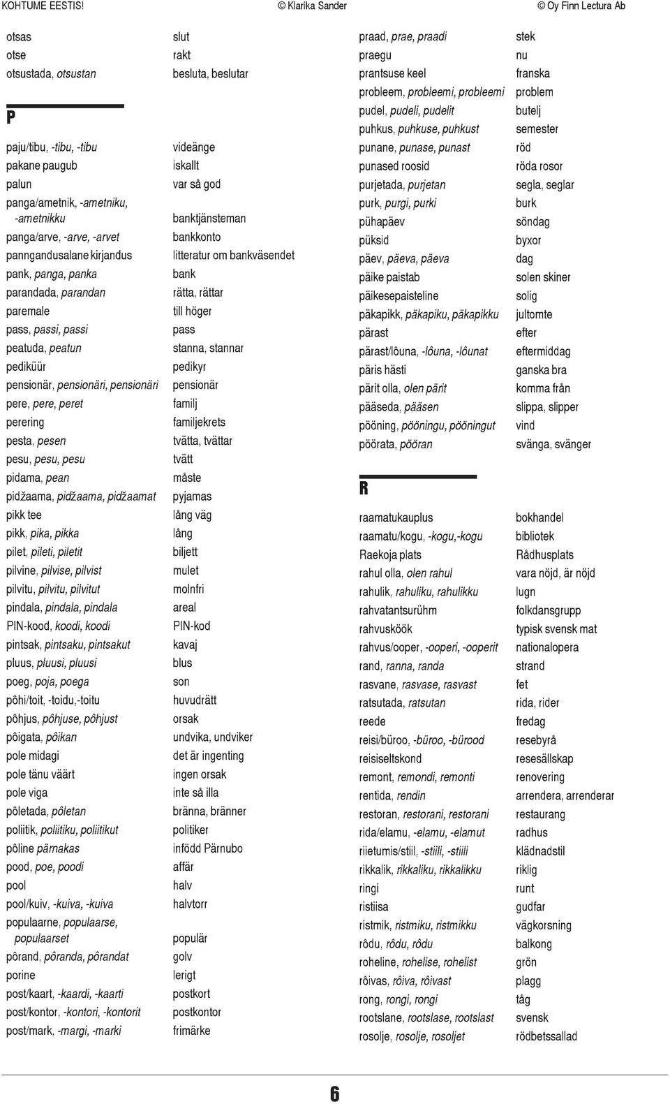 -ametniku, -ametnikku panga/arve, -arve, -arvet panngandusalane kirjandus pank, panga, panka parandada, parandan paremale pass, passi, passi peatuda, peatun pediküür pensionär, pensionäri, pensionäri