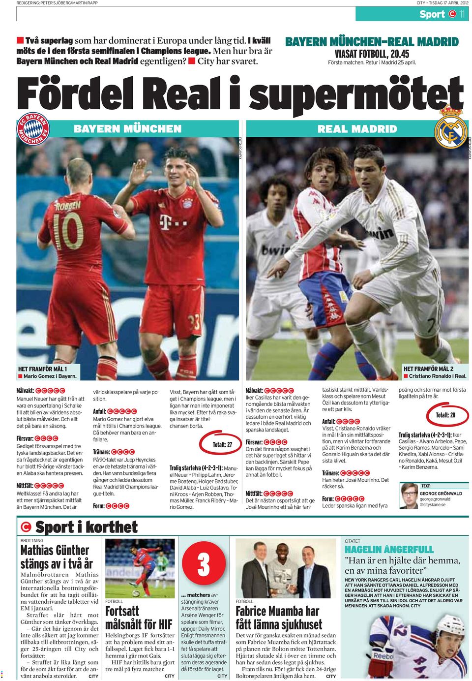 Fördel Real i supermötet BAYERN MÜNCHEN FOTO: SCANPIX REAL MADRID FOTO: SCANPIX HET FRAMFÖR MÅL Mario Gomez i Bayern. HET FRAMFÖR MÅL Cristiano Ronaldo i Real.