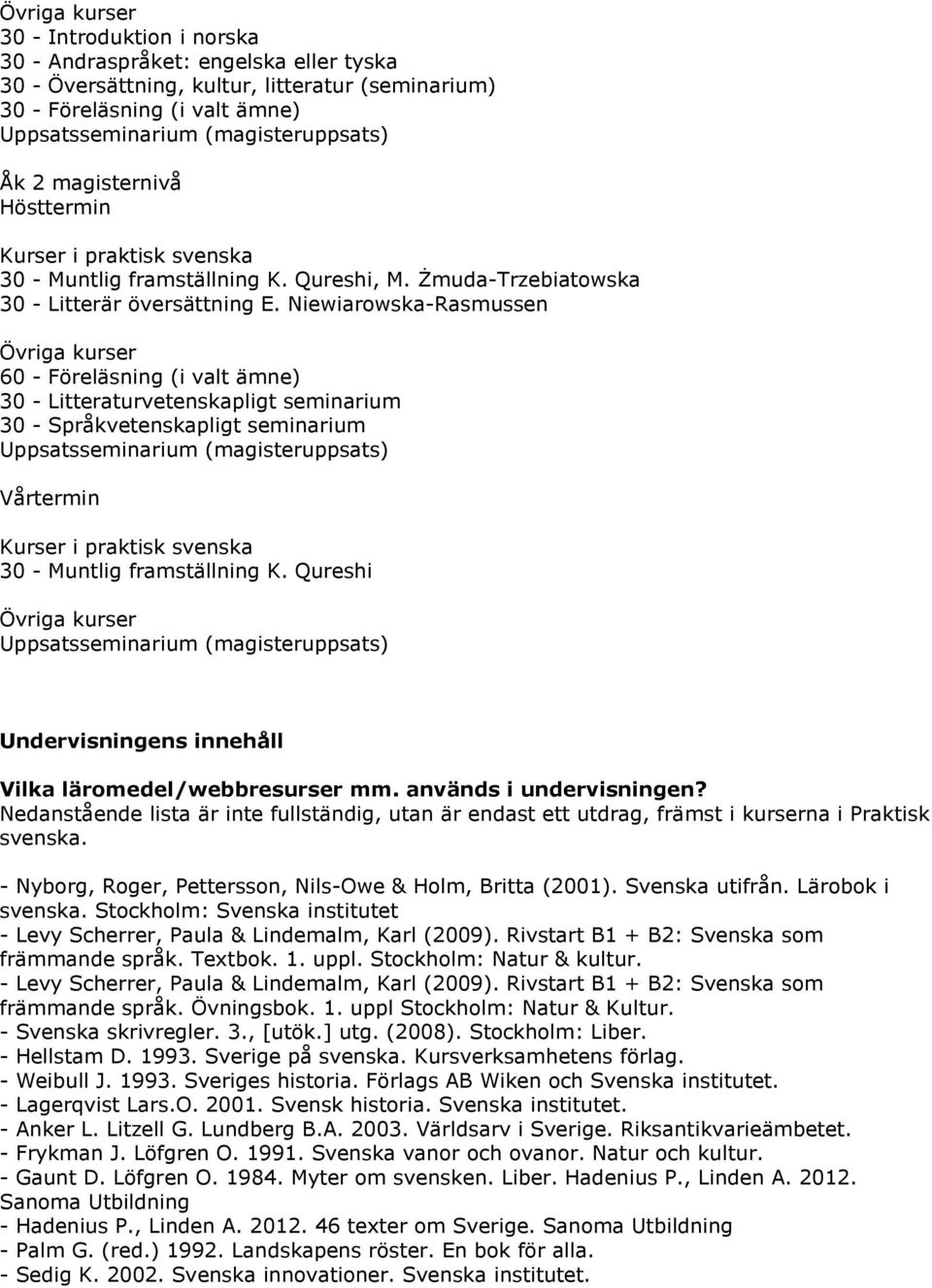 Niewiarowska-Rasmussen 60 - Föreläsning (i valt ämne) 30 - Litteraturvetenskapligt seminarium 30 - Språkvetenskapligt seminarium Uppsatsseminarium (magisteruppsats) Vårtermin 30 - Muntlig