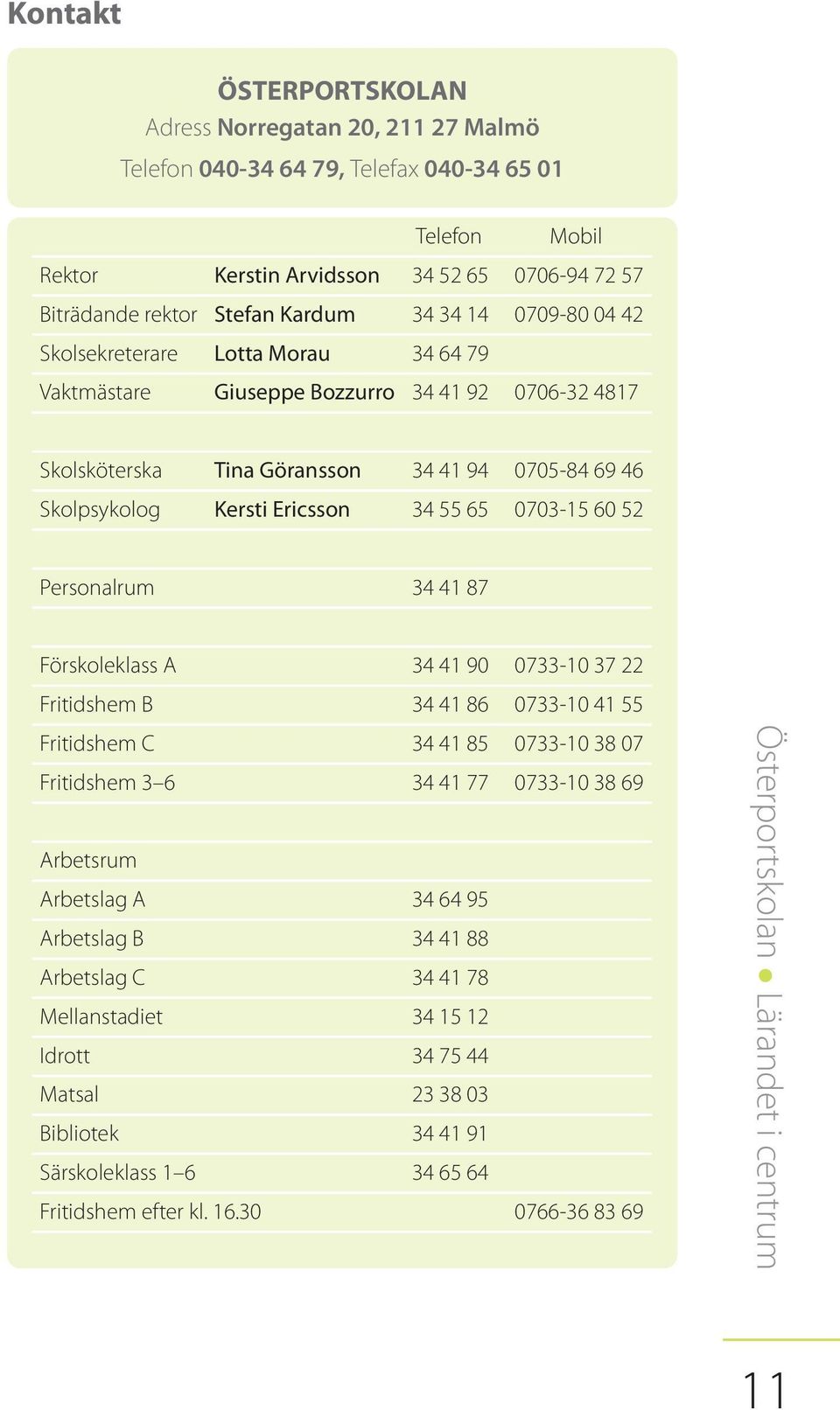 0703-15 60 52 Personalrum 34 41 87 Förskoleklass A 34 41 90 0733-10 37 22 Fritidshem B 34 41 86 0733-10 41 55 Fritidshem C 34 41 85 0733-10 38 07 Fritidshem 3 6 34 41 77 0733-10 38 69 Arbetsrum