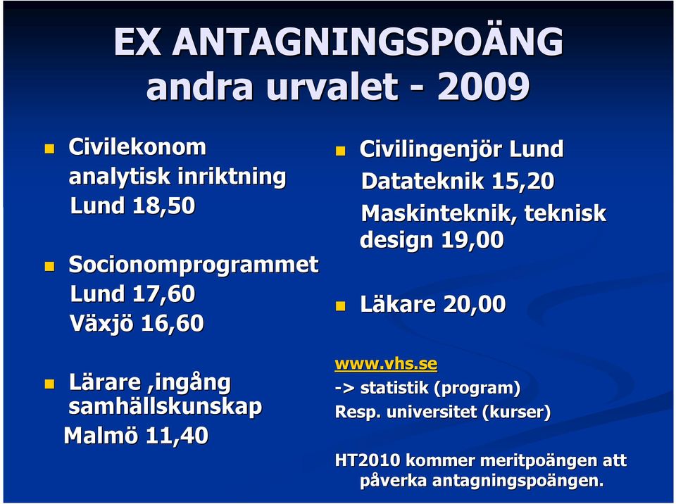 Civilingenjör r Lund Datateknik 15,20 Maskinteknik, teknisk design 19,00 Läkare 20,00 www.vhs.