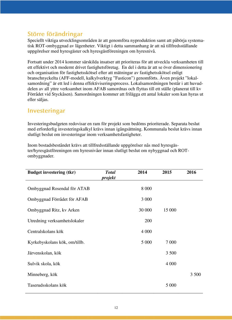 Fortsatt under 2014 kommer särskilda insatser att prioriteras för att utveckla verksamheten till ett effektivt och modernt drivet fastighetsföretag.