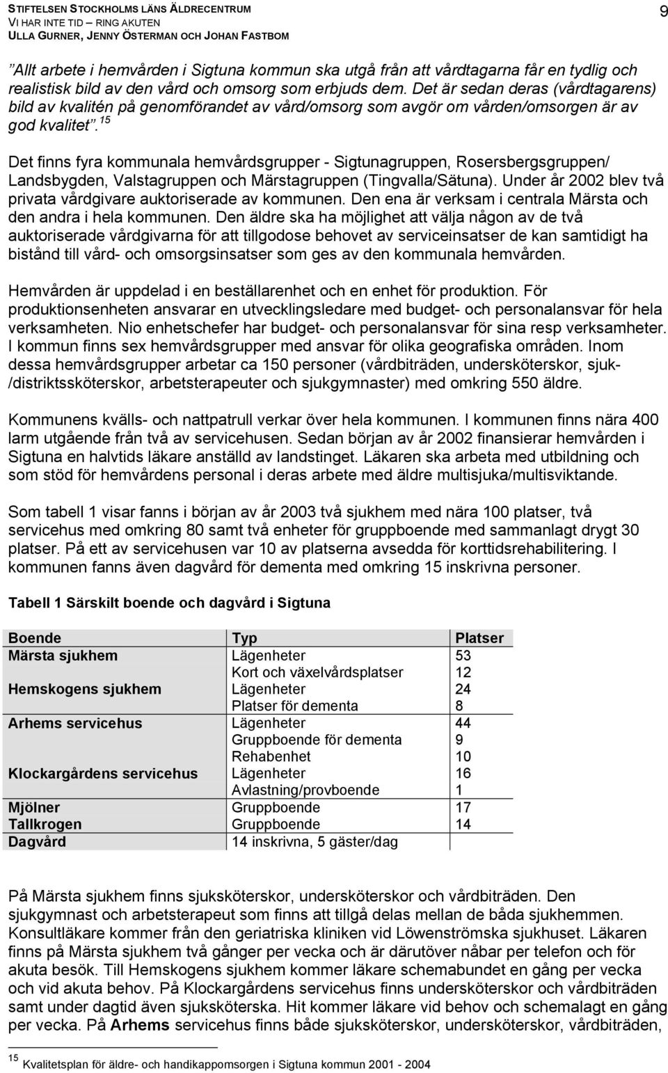 5 Det finns fyra kommunala hemvårdsgrupper Sigtunagruppen, Rosersbergsgruppen/ Landsbygden, Valstagruppen och Märstagruppen (Tingvalla/Sätuna).