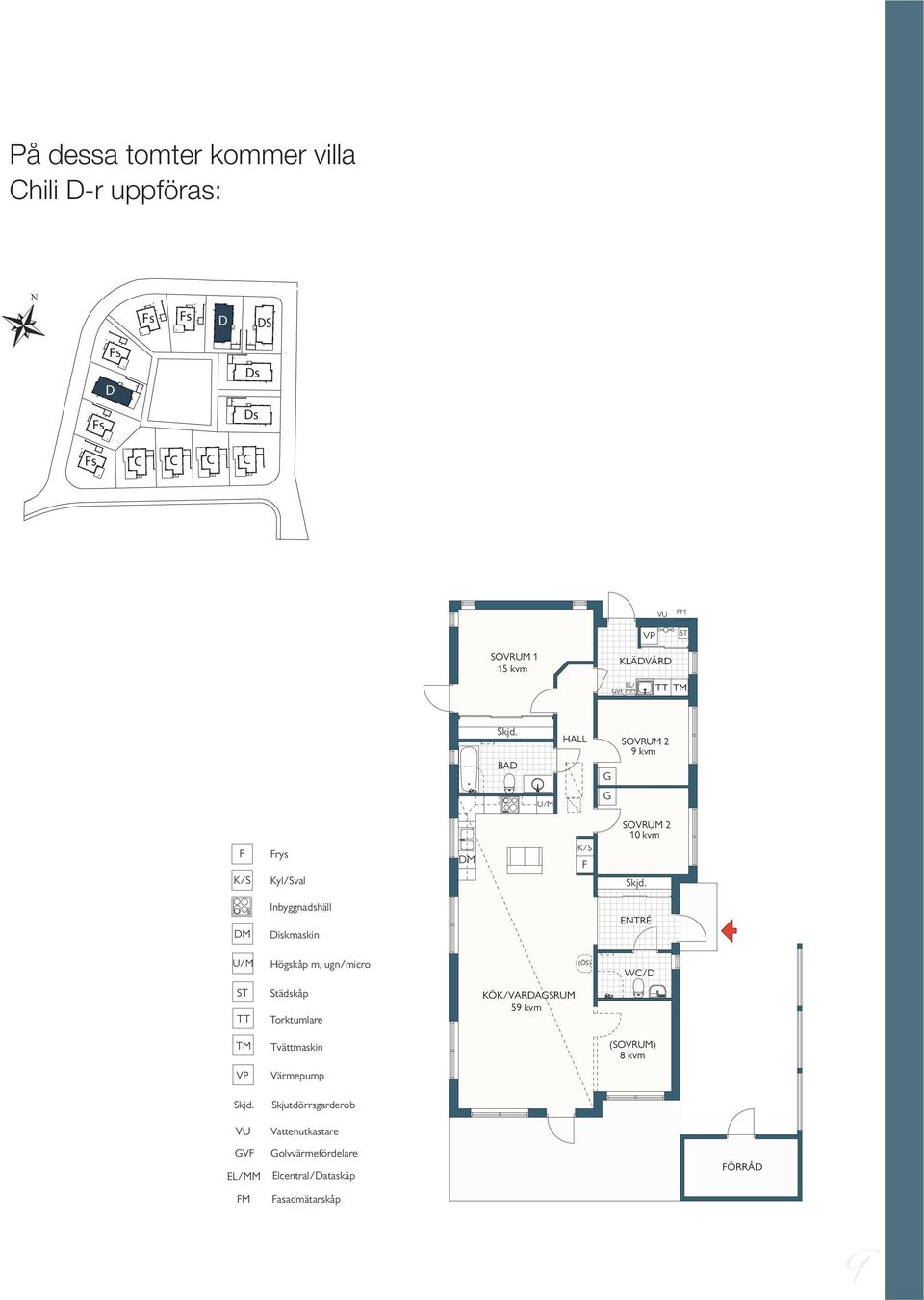 U/M Högskåp m, ugn/micro (ÖS) WC/D ST TT Städskåp Torktumlare KÖK/VARDAGSRUM 59 kvm TM Tvättmaskin (SOVRUM) 8 kvm VP