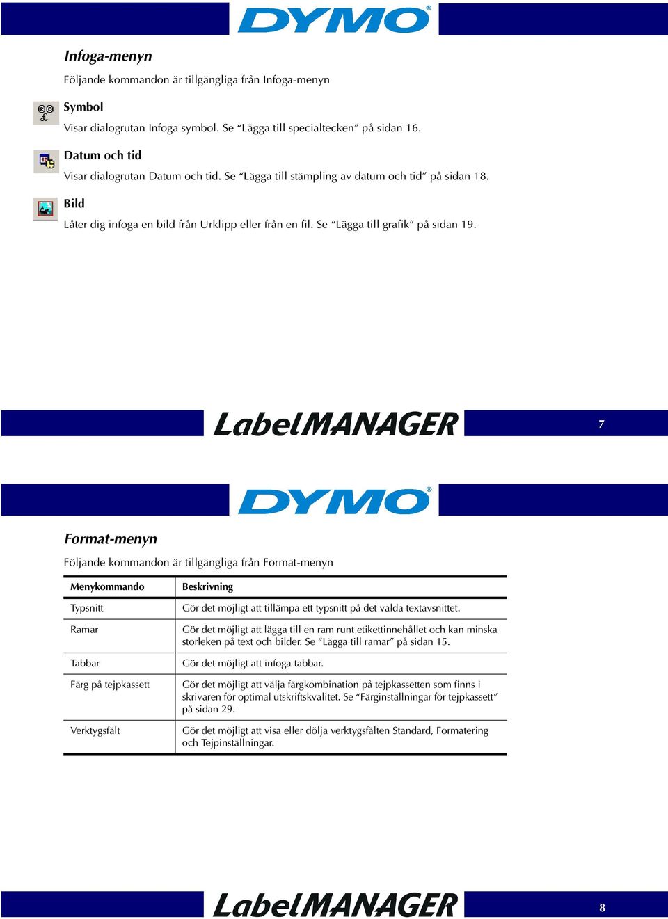 7 Format-menyn Följande kommandon är tillgängliga från Format-menyn Menykommando Typsnitt Ramar Tabbar Färg på tejpkassett Verktygsfält Beskrivning Gör det möjligt att tillämpa ett typsnitt på det