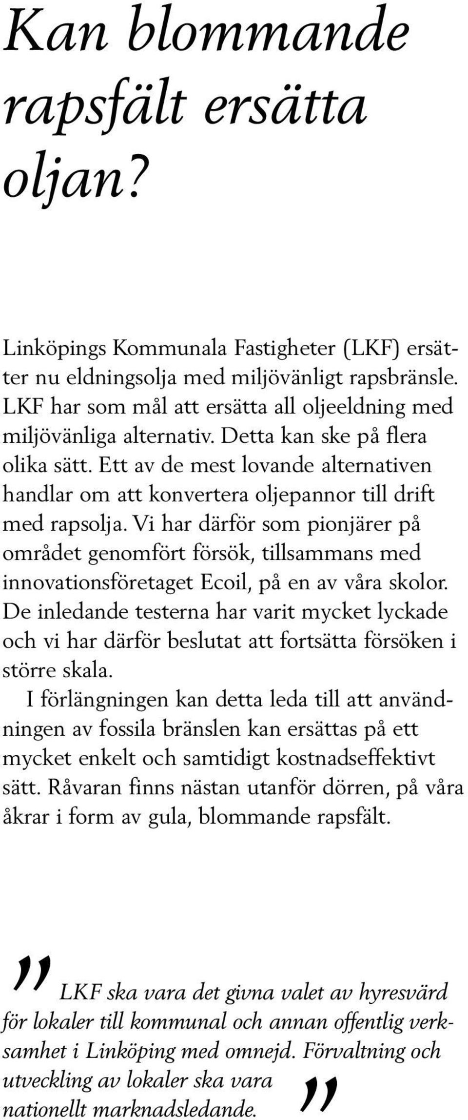 Ett av de mest lovande alternativen handlar om att konvertera oljepannor till drift med rapsolja.