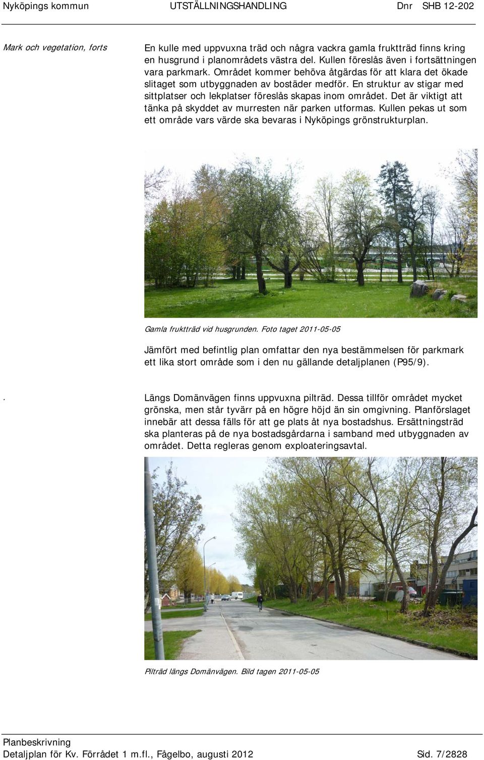 Det är viktigt att tänka på skyddet av murresten när parken utformas. Kullen pekas ut som ett område vars värde ska bevaras i Nyköpings grönstrukturplan. Gamla fruktträd vid husgrunden.