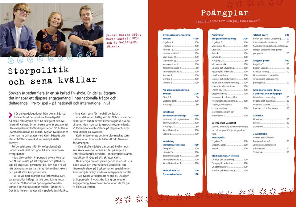 I år deltog delegationer från skolan i Barcelona och vid det nordiska FN-rollspelet i Kalmar. Från Spyken åkte 12 delegater och två lärare till Kalmar.