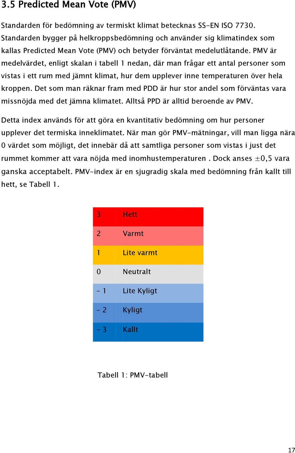 PMV är medelvärdet, enligt skalan i tabell 1 nedan, där man frågar ett antal personer som vistas i ett rum med jämnt klimat, hur dem upplever inne temperaturen över hela kroppen.