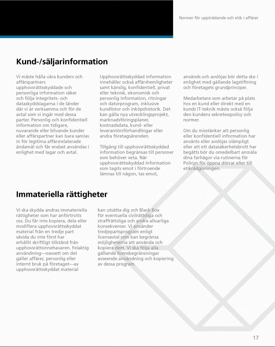 Personlig och konfidentiell information om tidigare, nuvarande eller blivande kunder eller affärspartner kan bara samlas in för legitima affärsrelaterade ändamål och får endast användas i enlighet