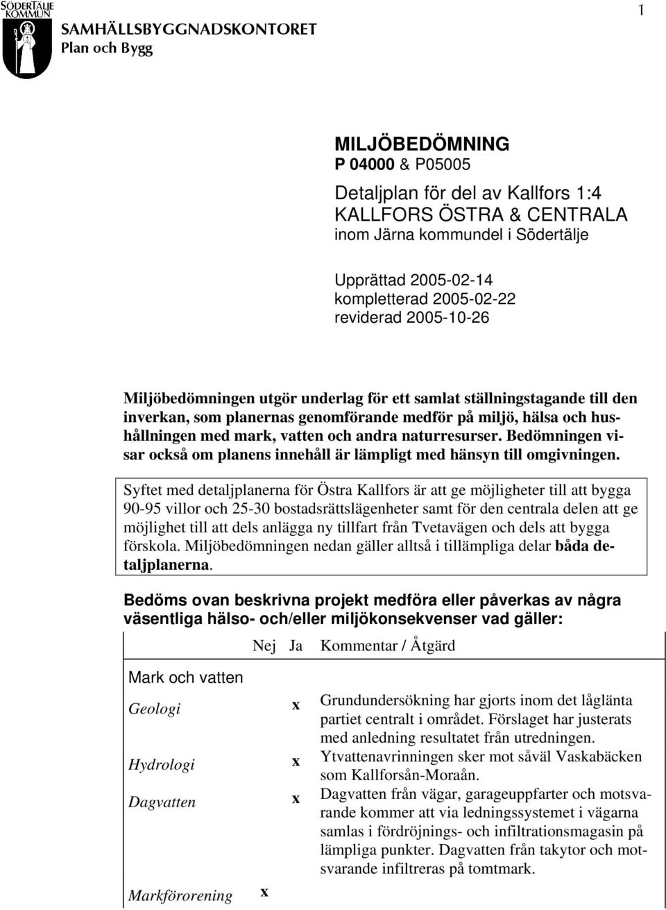 med mark, vatten och andra naturresurser. Bedömningen visar också om planens innehåll är lämpligt med hänsyn till omgivningen.