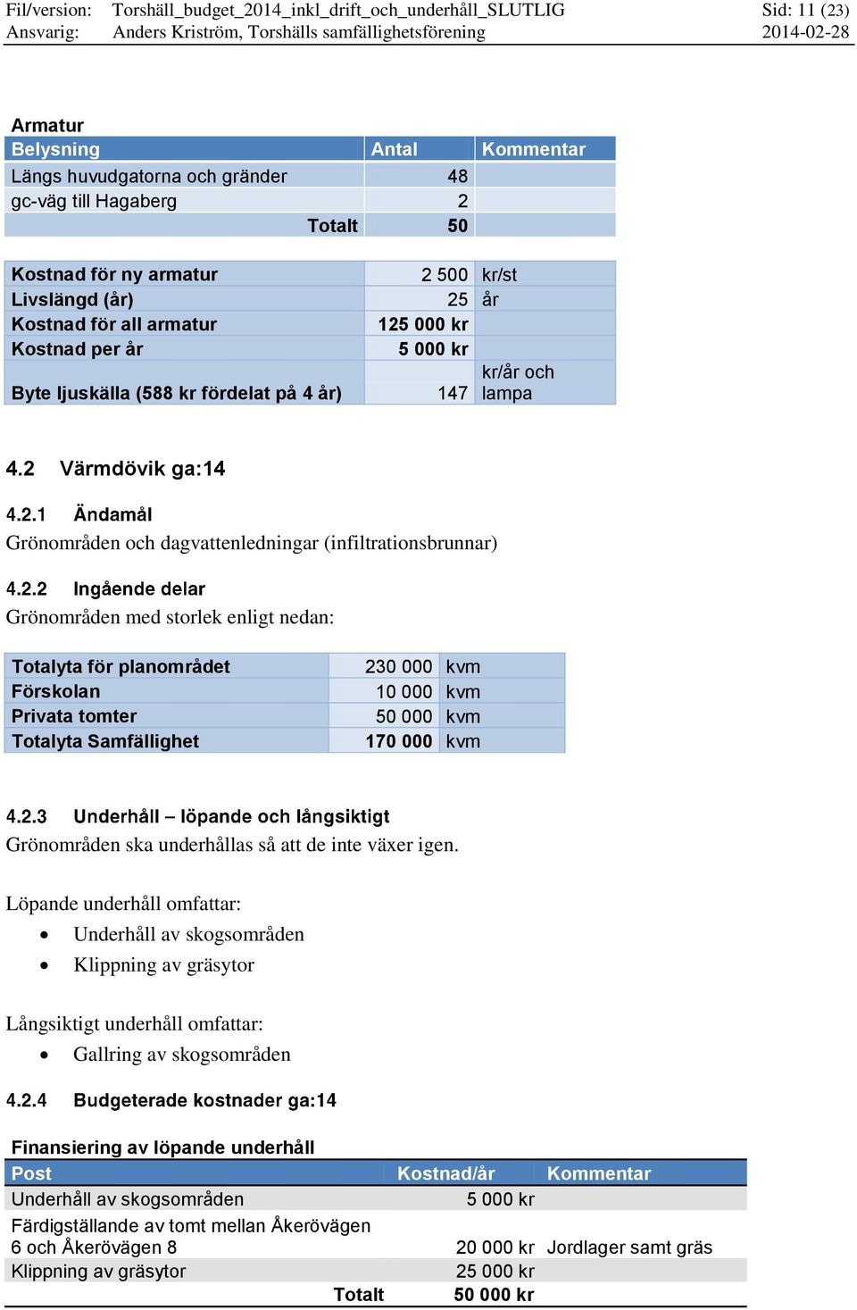 2 Värmdövik ga:14 Grönområden och dagvattenledningar (infiltrationsbrunnar) Grönområden med storlek enligt nedan: Totalyta för planområdet Förskolan Privata tomter Totalyta Samfällighet 230 000 kvm