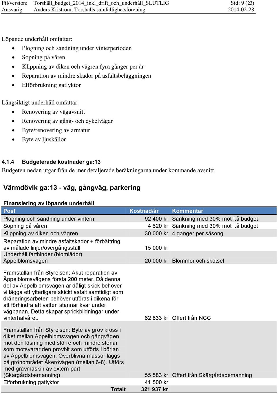 Byte/renovering av armatur Byte av ljuskällor Budgeten nedan utgår från de mer detaljerade beräkningarna under kommande avsnitt.