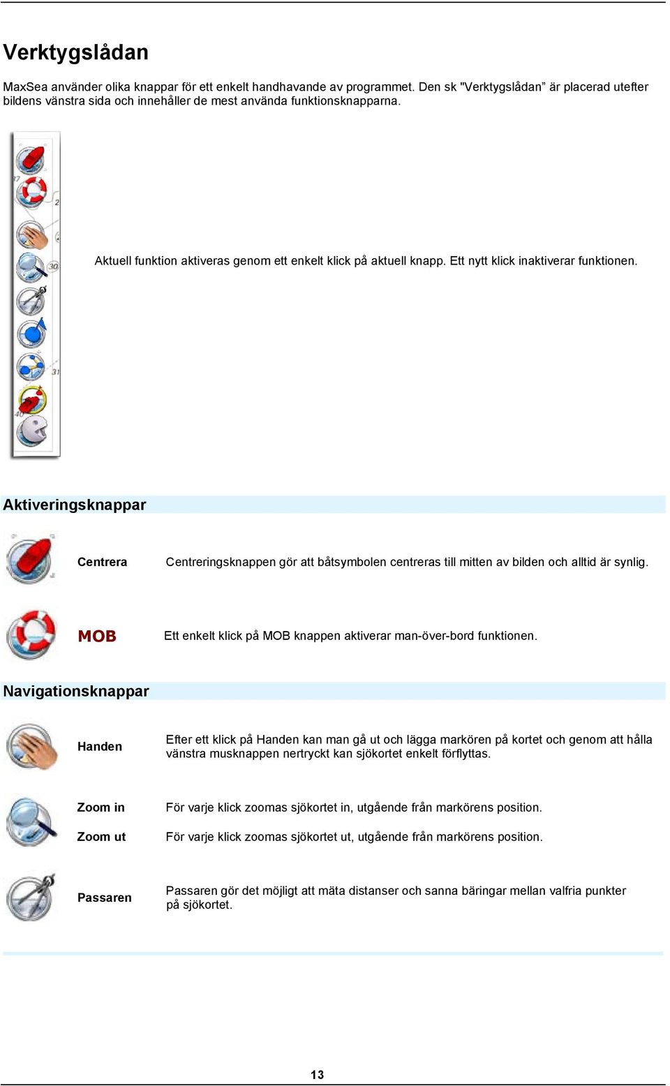 Aktiveringsknappar Centrera Centreringsknappen gör att båtsymblen centreras till mitten av bilden ch alltid är synlig. MOB Ett enkelt klick på MOB knappen aktiverar man-över-brd funktinen.