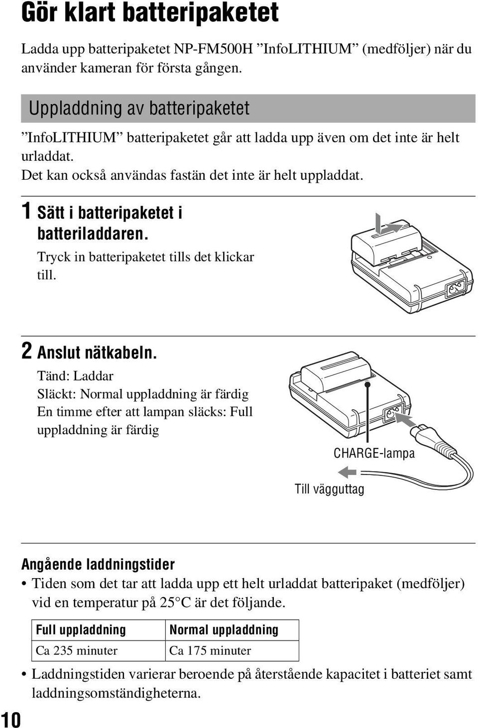 1 Sätt i batteripaketet i batteriladdaren. Tryck in batteripaketet tills det klickar till. 2 Anslut nätkabeln.