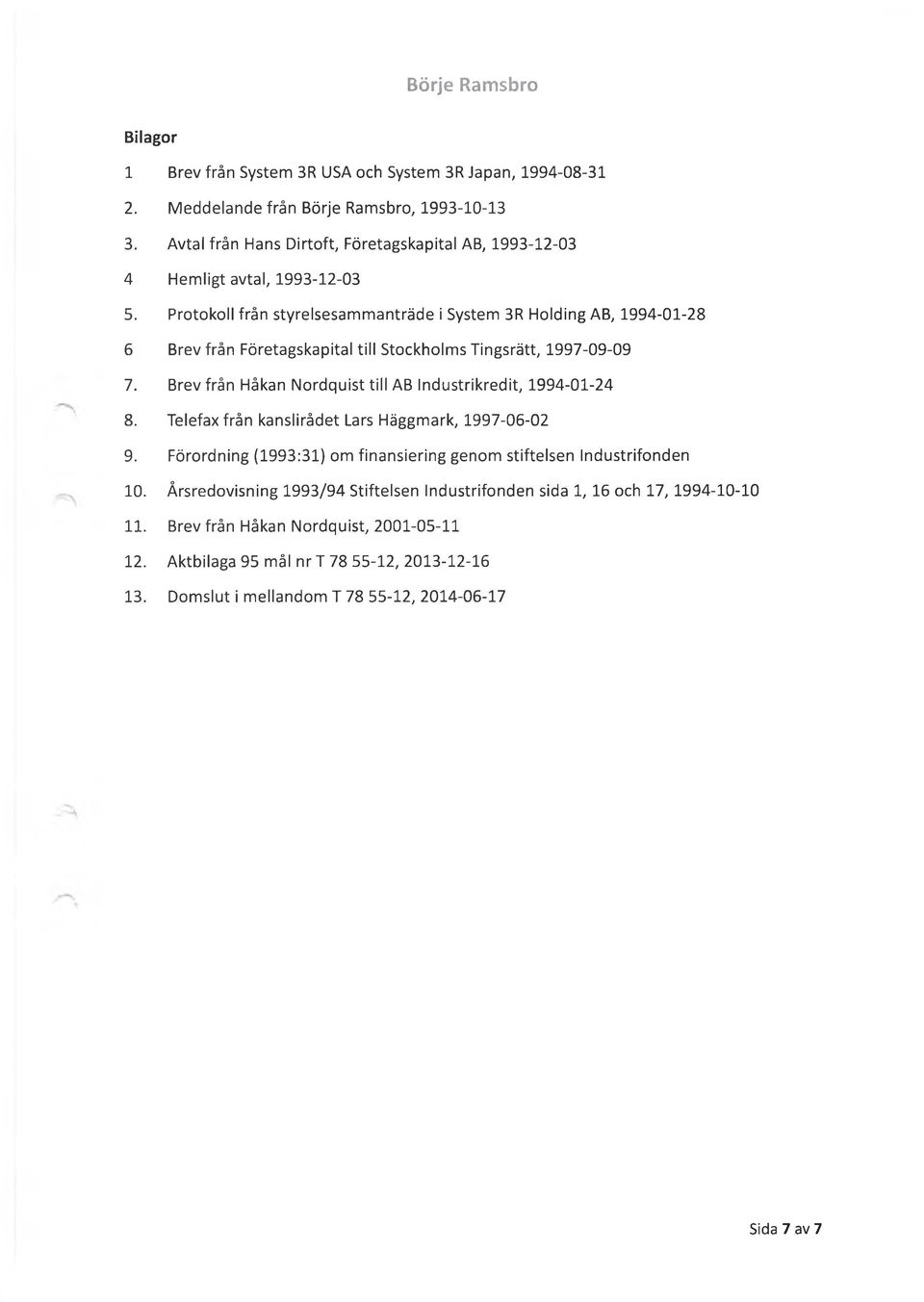 Protokoll från styrelsesammanträde i System 3R Holding AB, 1994-01-28 6 Brev från Företagskapital till Stockholms Tingsrätt, 1997-09-09 7.