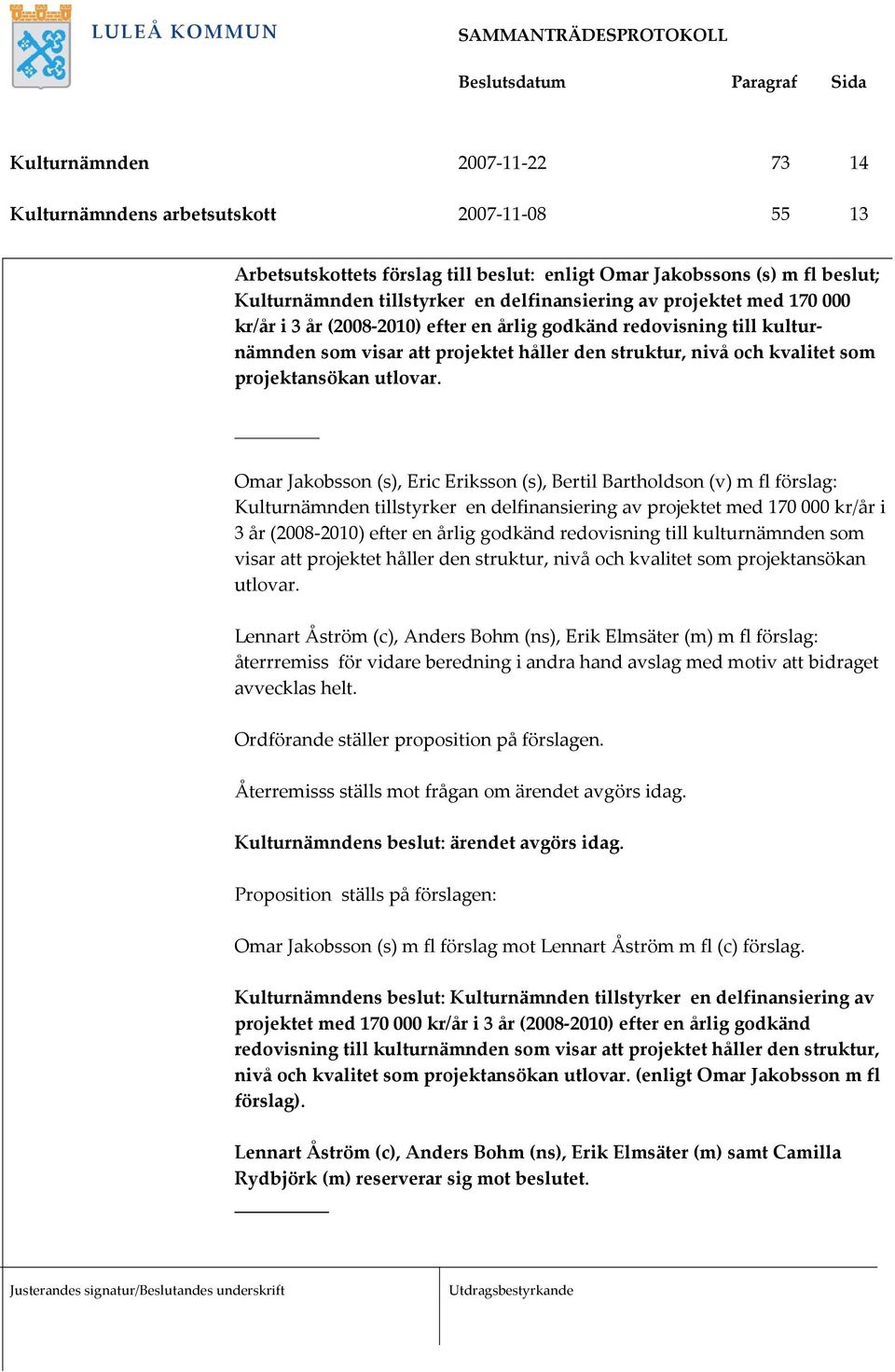 Omar Jakobsson (s), Eric Eriksson (s), Bertil Bartholdson (v) m fl förslag: Kulturnämnden tillstyrker en delfinansiering  Lennart Åström (c), Anders Bohm (ns), Erik Elmsäter (m) m fl förslag: