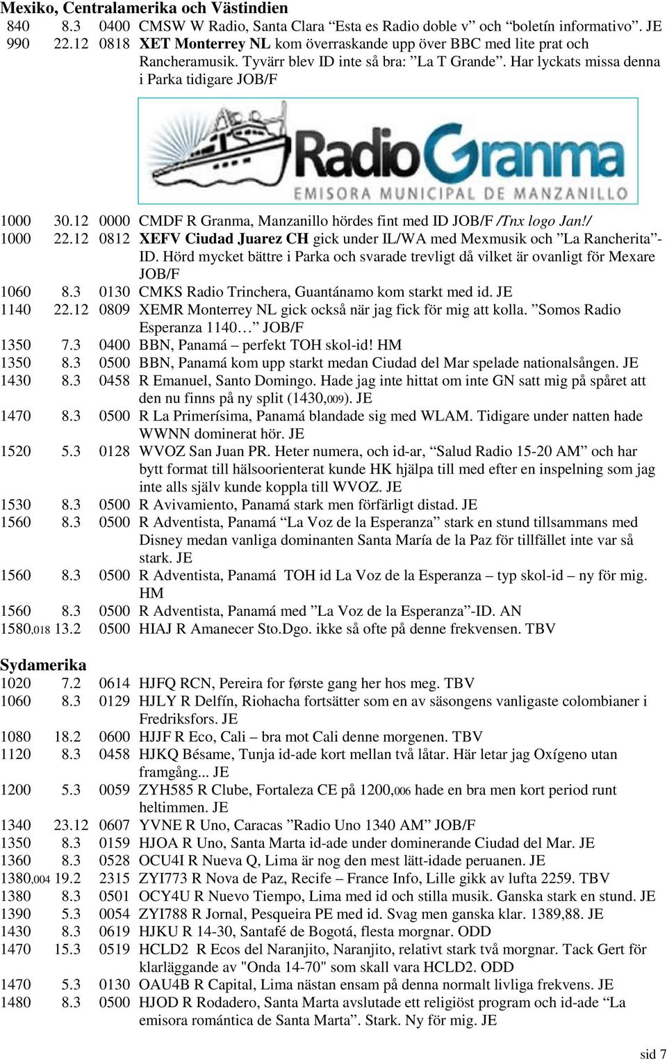 12 0000 CMDF R Granma, Manzanillo hördes fint med ID JOB/F /Tnx logo Jan!/ 1000 22.12 0812 XEFV Ciudad Juarez CH gick under IL/WA med Mexmusik och La Rancherita - ID.