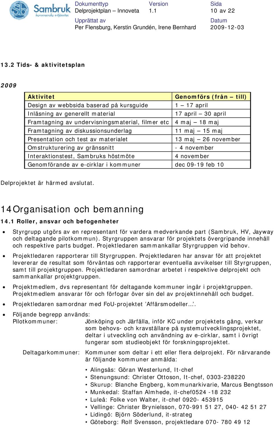 undervisningsmaterial, filmer etc 4 maj 18 maj Framtagning av diskussionsunderlag 11 maj 15 maj Presentation och test av materialet 13 maj 26 november Omstrukturering av gränssnitt - 4 november