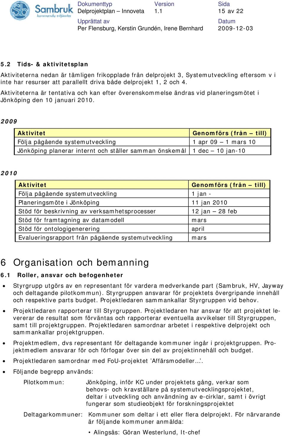 Aktiviteterna är tentativa och kan efter överenskommelse ändras vid planeringsmötet i Jönköping den 10 januari 2010.