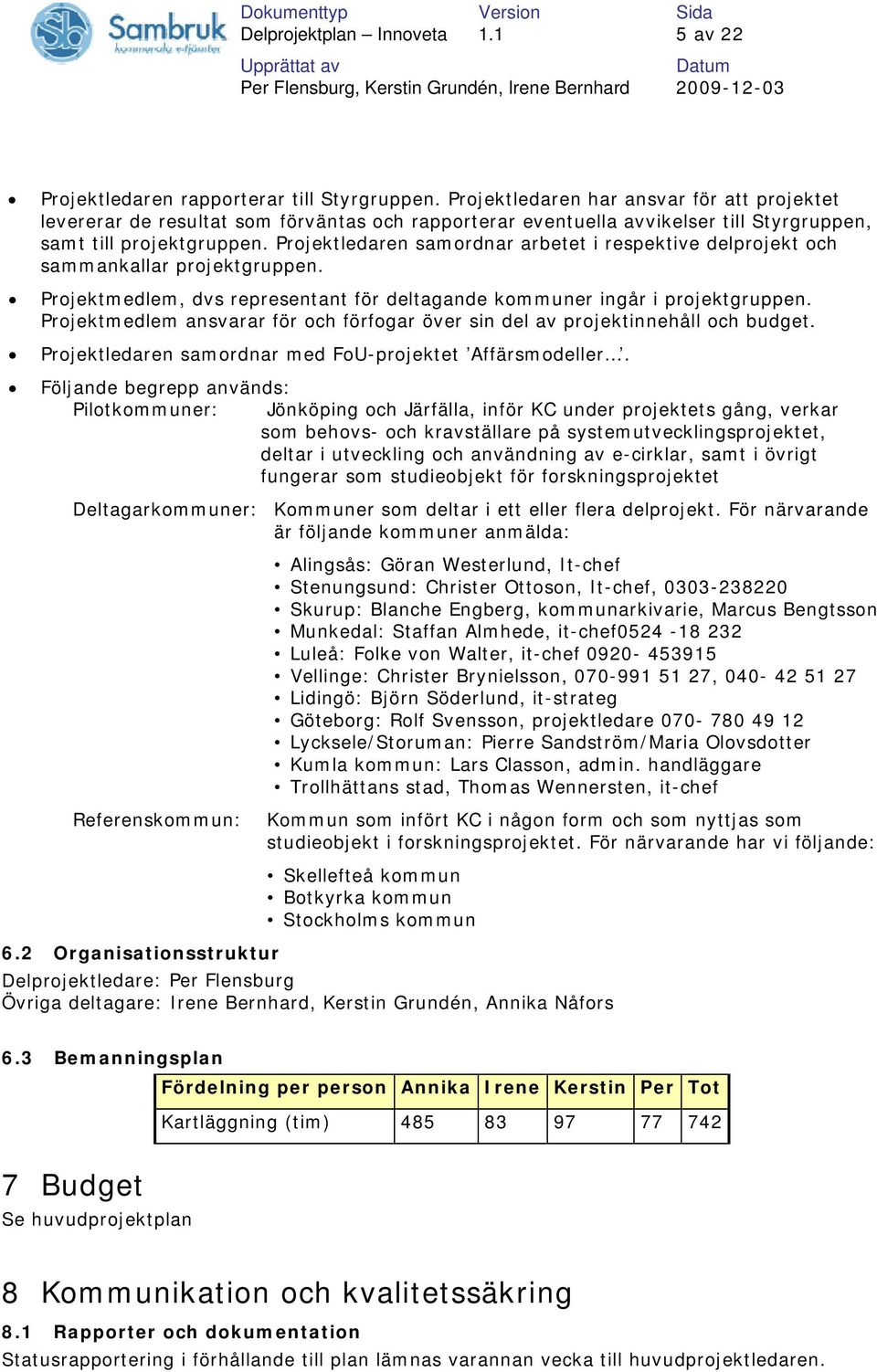 Projektledaren samordnar arbetet i respektive delprojekt och sammankallar projektgruppen. Projektmedlem, dvs representant för deltagande kommuner ingår i projektgruppen.