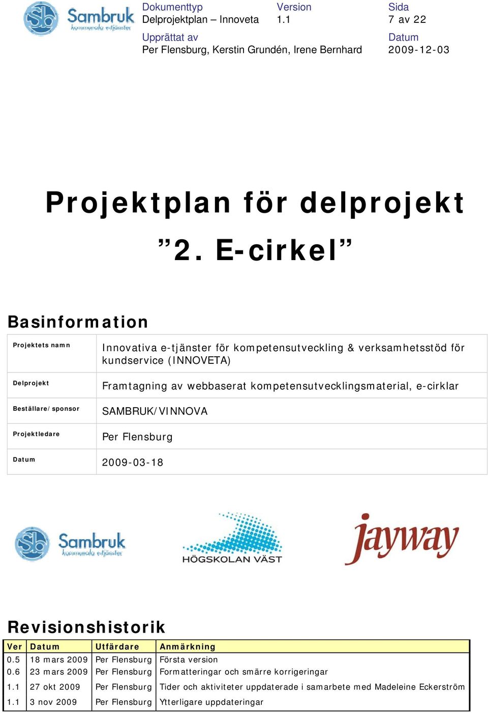 (INNOVETA) Framtagning av webbaserat kompetensutvecklingsmaterial, e-cirklar SAMBRUK/VINNOVA Per Flensburg 2009-03-18 Revisionshistorik Ver Utfärdare Anmärkning 0.