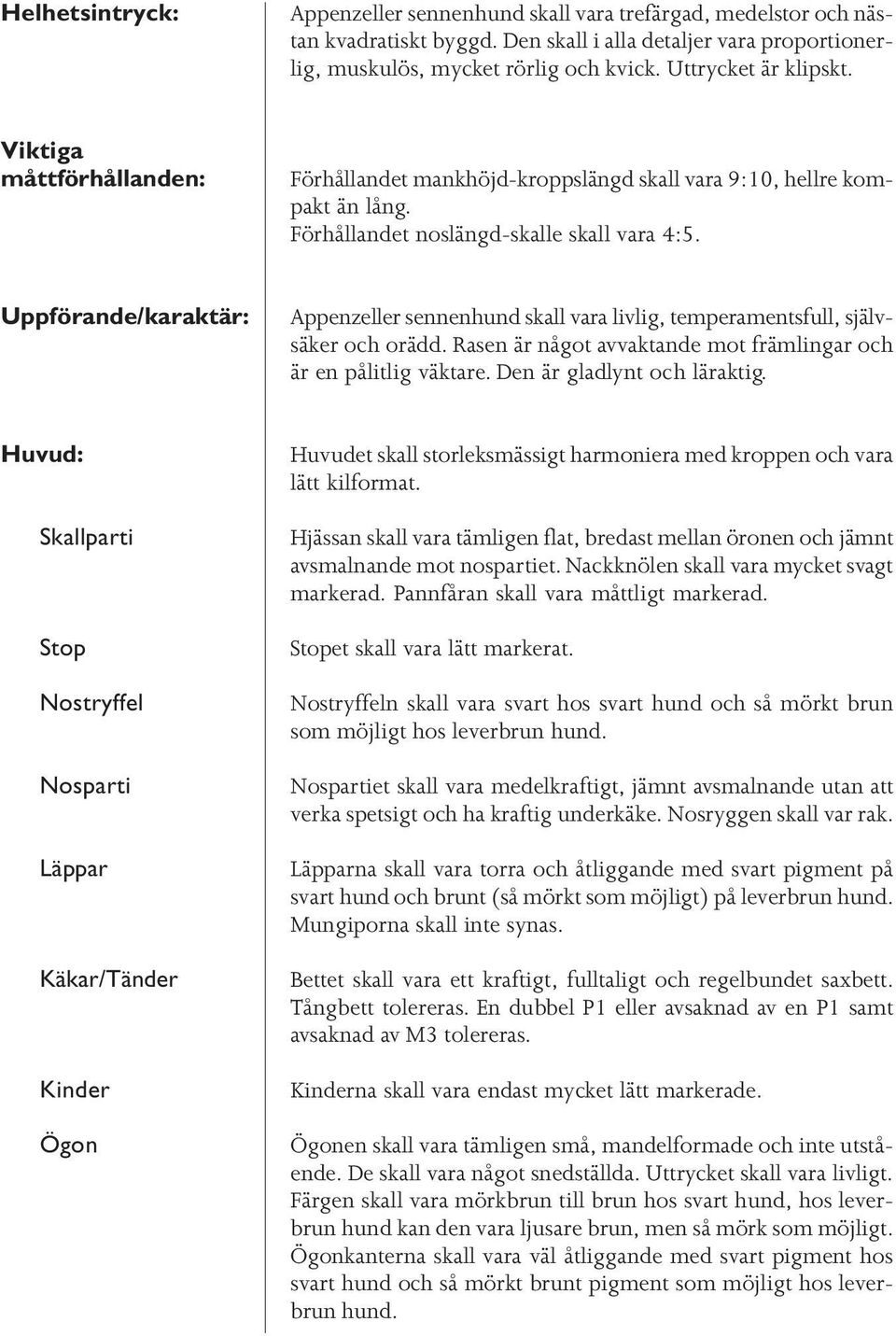 Uppförande/karaktär: Appenzeller sennenhund skall vara livlig, temperamentsfull, självsäker och orädd. Rasen är något avvaktande mot främlingar och är en pålitlig väktare.