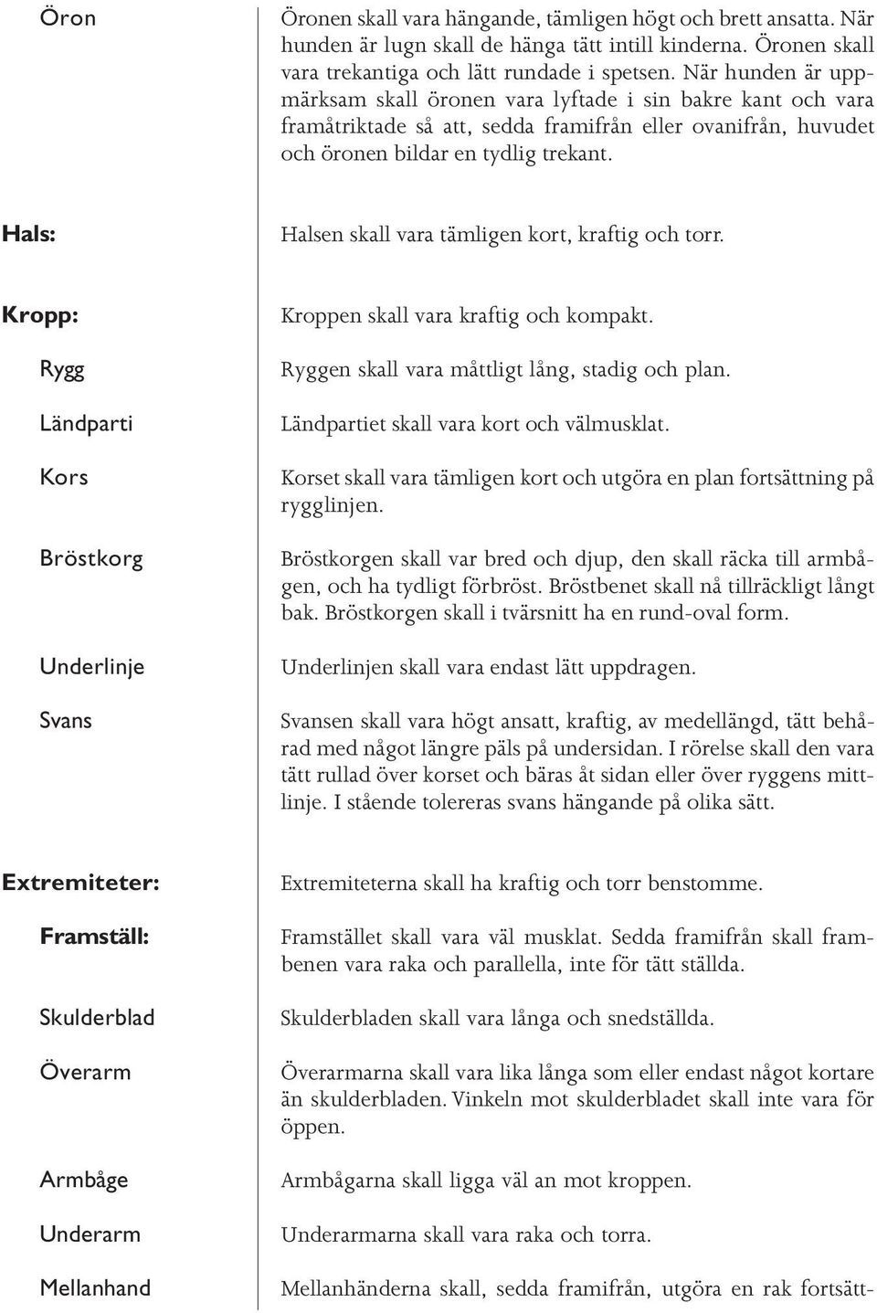 Hals: Halsen skall vara tämligen kort, kraftig och torr. Kropp: Rygg Ländparti Kors Bröstkorg Underlinje Svans Kroppen skall vara kraftig och kompakt. Ryggen skall vara måttligt lång, stadig och plan.