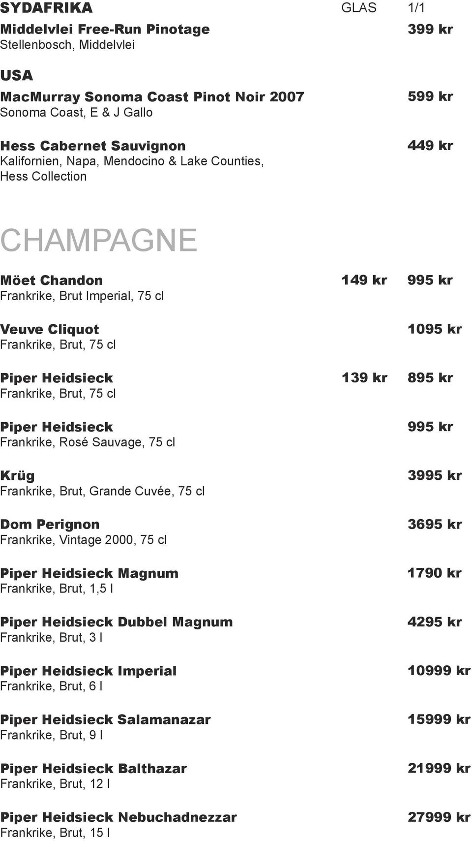 Heidsieck Frankrike, Rosé Sauvage, 75 cl Krüg Frankrike, Brut, rande Cuvée, 75 cl Dom Perignon Frankrike, Vintage 2000, 75 cl Piper Heidsieck Magnum Frankrike, Brut, 1,5 l Piper Heidsieck Dubbel