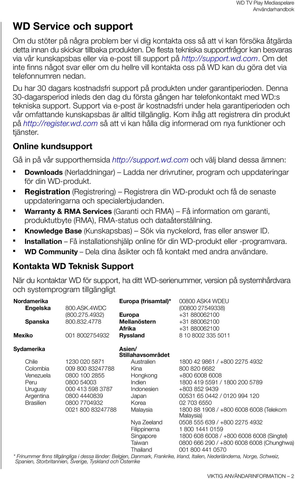 Om det inte finns något svar eller om du hellre vill kontakta oss på WD kan du göra det via telefonnumren nedan. Du har 30 dagars kostnadsfri support på produkten under garantiperioden.