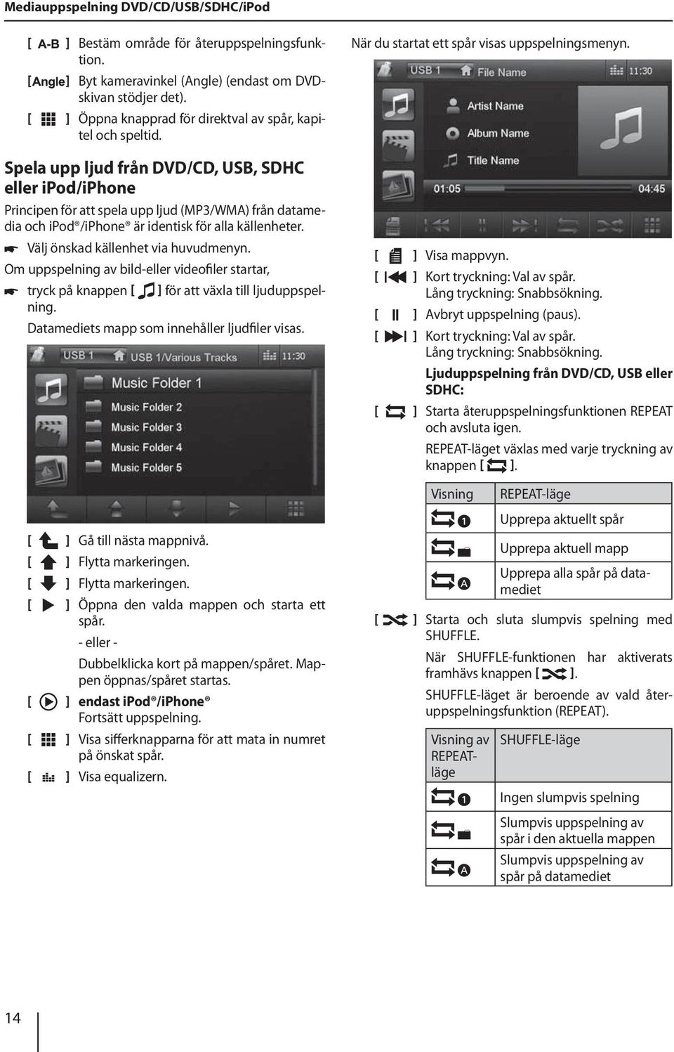 Spela upp ljud från DVD/CD, USB, SDHC eller ipod/iphone Principen för att spela upp ljud (MP3/WMA) från datamedia och ipod /iphone är identisk för alla källenheter.