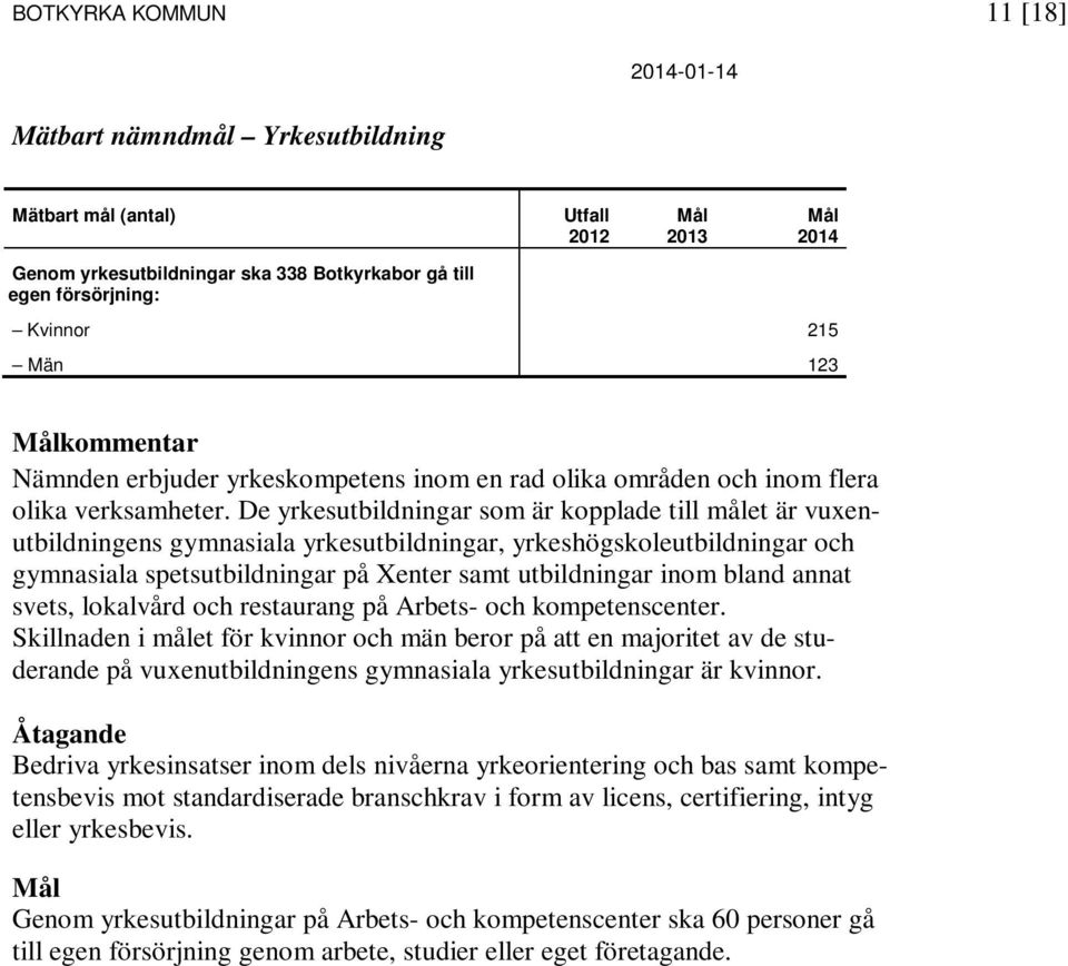 De yrkesutbildningar som är kopplade till målet är vuxenutbildningens gymnasiala yrkesutbildningar, yrkeshögskoleutbildningar och gymnasiala spetsutbildningar på Xenter samt utbildningar inom bland