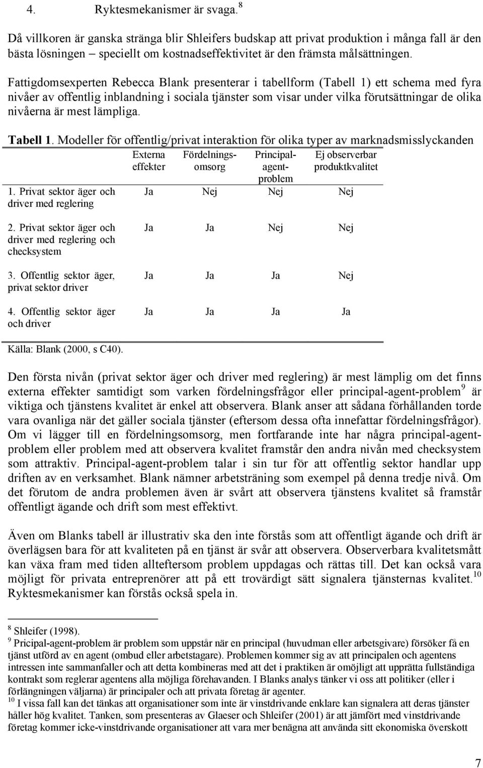 Fattigdomsexperten Rebecca Blank presenterar i tabellform (Tabell 1) ett schema med fyra nivåer av offentlig inblandning i sociala tjänster som visar under vilka förutsättningar de olika nivåerna är